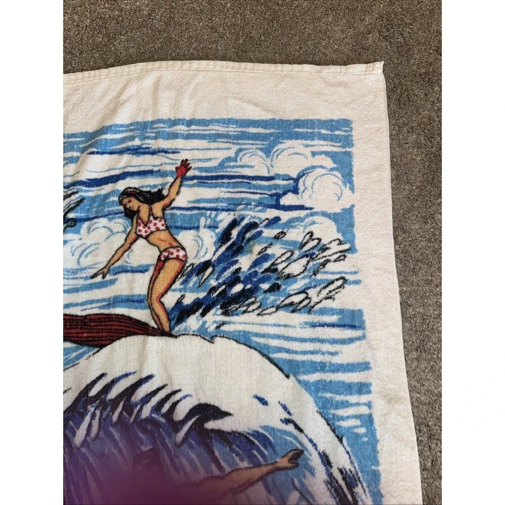 Vtg Surfer Bikini Wave Beach Towel 48x24” Couple Groovy 1960’s A Jay Original